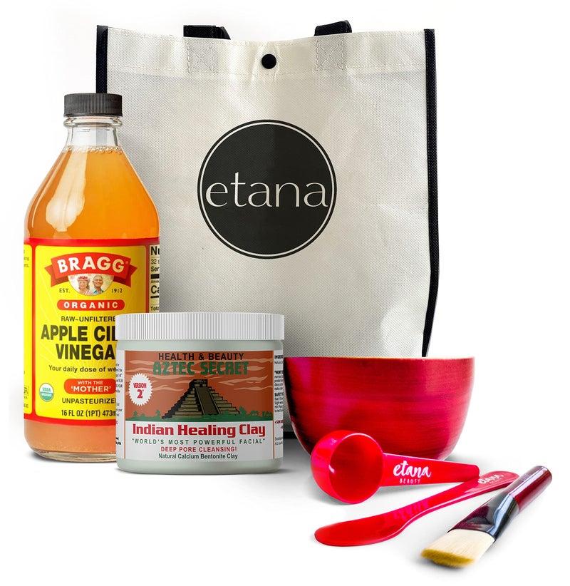 Aztec Secret Aztec Clay Premium Mask Set by Etana Beauty AllInOne Kit Includes 1lb Indian Healing Clay 16oz Braggs Apple Cider Vinegar Natural Bamboo Bowl Stir Scoop Brush Tote