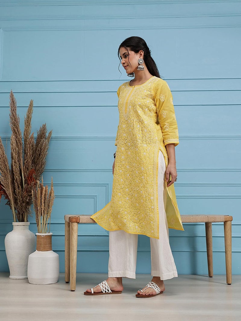 Ada Women's Cotton Regular Fit Kurta Hand Embroidered Lucknowi Chikankari Tunic Kurti Dress A411345 (Yellow, M) - Image 4