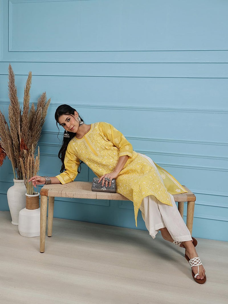 Ada Women's Cotton Regular Fit Kurta Hand Embroidered Lucknowi Chikankari Tunic Kurti Dress A411345 (Yellow, M) - Image 5