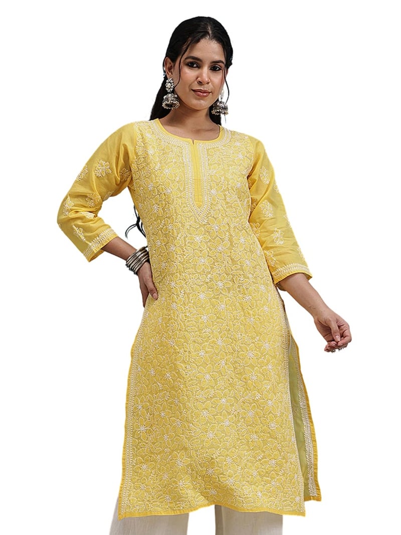 Ada Women's Cotton Regular Fit Kurta Hand Embroidered Lucknowi Chikankari Tunic Kurti Dress A411345 (Yellow, M) - Image 1