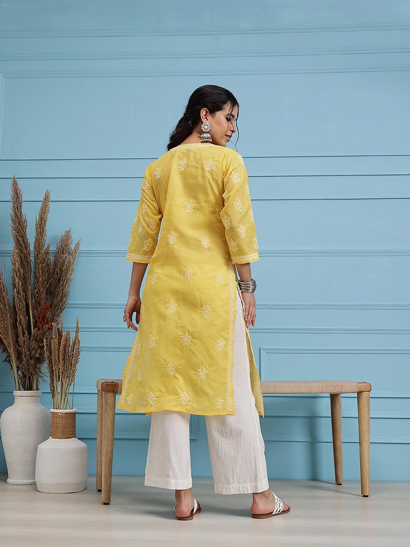Ada Women's Cotton Regular Fit Kurta Hand Embroidered Lucknowi Chikankari Tunic Kurti Dress A411345 (Yellow, M) - Image 2