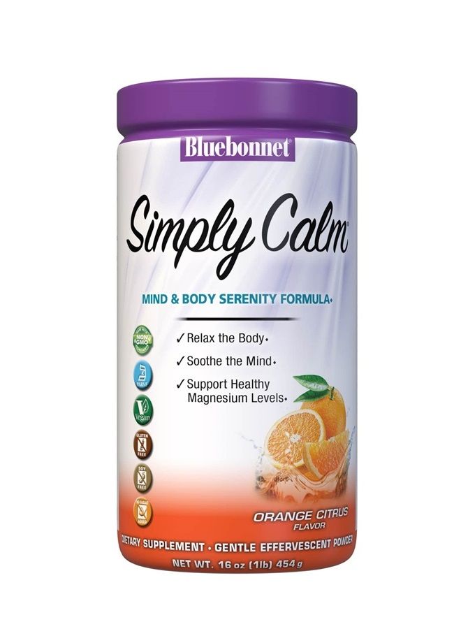 Bluebonnet Nutrition Simply Calm Powder, For Calm*, Muscle Cramps*, Stress Relief*, Soy-Free, Gluten-Free, Non-GMO, Kosher Certified, Dairy-Free, Vegan, 16 oz, 82 Servings, Orange Citrus Flavor - Image 1