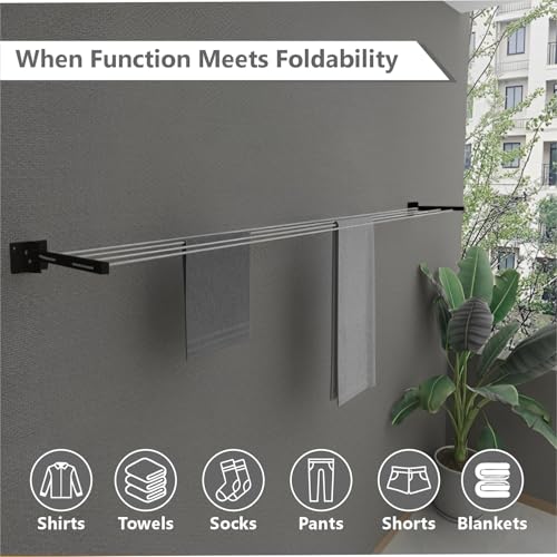 JD FRESH Metal Foldable Wall Mount Cloth Drying Stand with 30 Feet Rope/Wall Hanging Clothes Dryer Rack for Balcony & Indoor Use/Space Saving Wall Mounted Laundry Hanger(Black) - Image 4