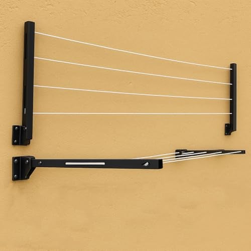 JD FRESH Metal Foldable Wall Mount Cloth Drying Stand with 30 Feet Rope/Wall Hanging Clothes Dryer Rack for Balcony & Indoor Use/Space Saving Wall Mounted Laundry Hanger(Black) - Image 1