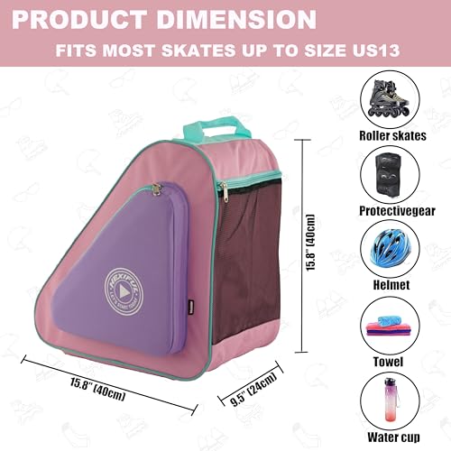HEXIFUL Skate Bag to Carry Ice Skates, Inline Skates, Roller Skates and Quad Skates for Both Kids and Adults (Violet-Pink/Mint 020) - Image 4