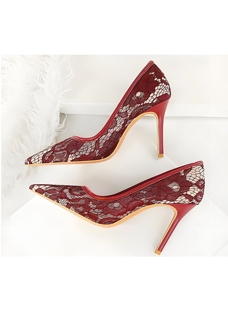 بيج تري المرأة الدانتيل مضخات مغلقة أشارت إصبع القدم الكعب العالي الحزب فستان الأحذية النبيذ الأحمر 9CM - Image 3