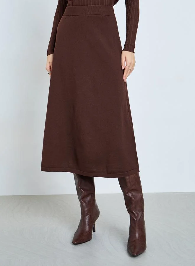 Styli Brown A-Line Flat Knit Midi Skirt