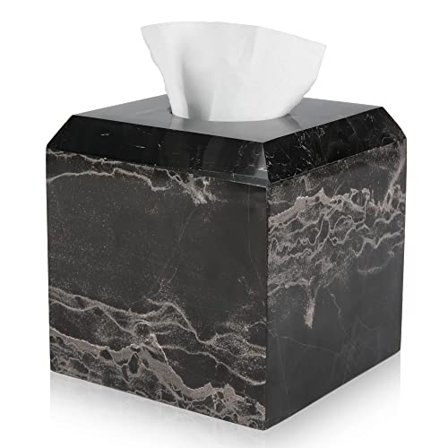 WORHE Tissue Box Cover Italy Natural Marble Heavy Duty Square Facial Toilet Paper Holder for Bathroom Living Room Bedroom Dresser Kitchen Minimalistic Office Home Decor Black (WH013) - Image 1