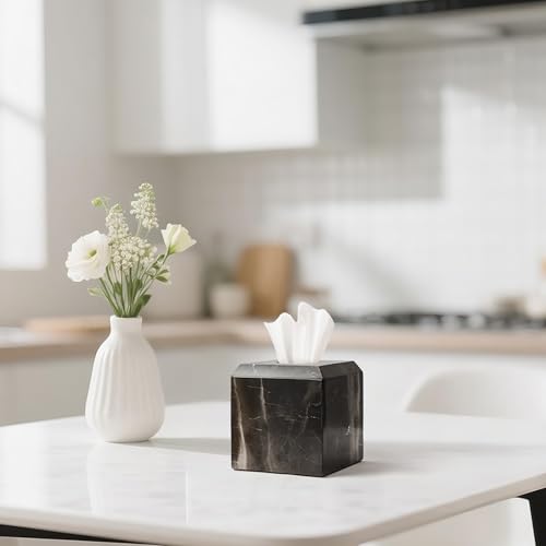WORHE Tissue Box Cover Italy Natural Marble Heavy Duty Square Facial Toilet Paper Holder for Bathroom Living Room Bedroom Dresser Kitchen Minimalistic Office Home Decor Black (WH013) - Image 2