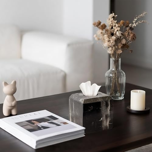 WORHE Tissue Box Cover Italy Natural Marble Heavy Duty Square Facial Toilet Paper Holder for Bathroom Living Room Bedroom Dresser Kitchen Minimalistic Office Home Decor Black (WH013) - Image 3