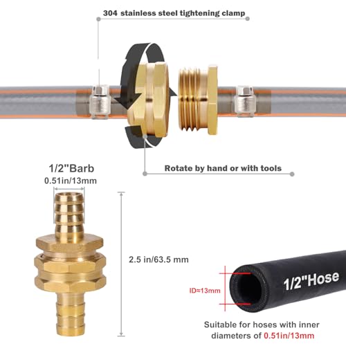 YELUN Solid Brass Garden Hose Repair Connector with Clamps Hose End Repair Kit,Fit for 1/2"Garden Hose Fitting,Male and Female Hose Fittings(1/2"-3 Set) - Image 2