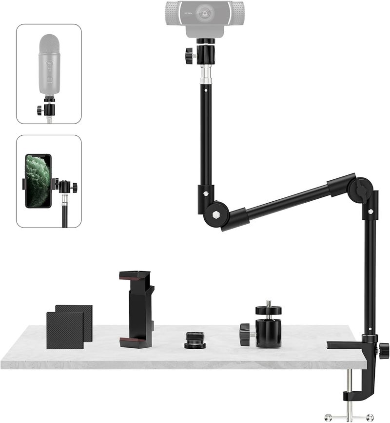 KDD Webcam Stand Camera Mount with Phone Holder & 5/8" Screw, 22in Flexible Projector Stand Gooseneck Desk Mic for Logitech C922 C930e C920 C615 C960 Brio 4K, GoPro, Blue Yeti Snowball Ice - Image 1