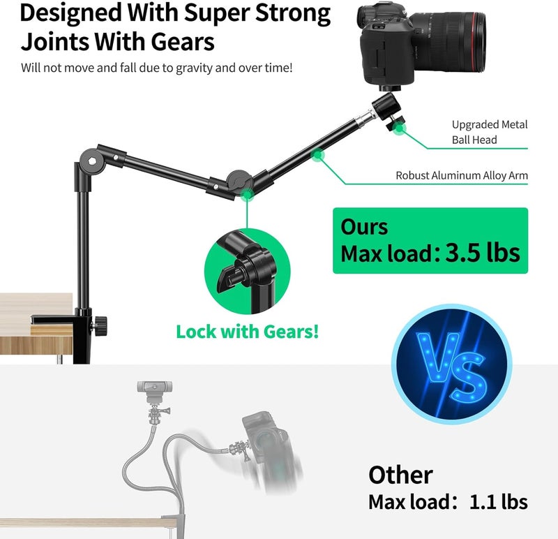 KDD Webcam Stand Camera Mount with Phone Holder & 5/8" Screw, 22in Flexible Projector Stand Gooseneck Desk Mic for Logitech C922 C930e C920 C615 C960 Brio 4K, GoPro, Blue Yeti Snowball Ice - Image 5