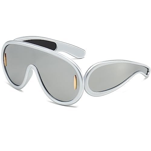 Breaksun Fashion Wave Mask Sunglasses for Women Men Oversized Silver Mirrored Futuristic Shield Sun Glasses Designer Style (Silver/Silver Mirror) - Image 1