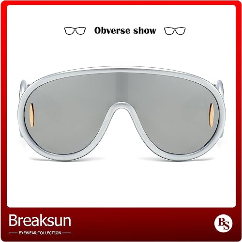 Breaksun Fashion Wave Mask Sunglasses for Women Men Oversized Silver Mirrored Futuristic Shield Sun Glasses Designer Style (Silver/Silver Mirror) - Image 5