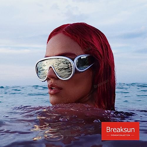 Breaksun Fashion Wave Mask Sunglasses for Women Men Oversized Silver Mirrored Futuristic Shield Sun Glasses Designer Style (Silver/Silver Mirror) - Image 2