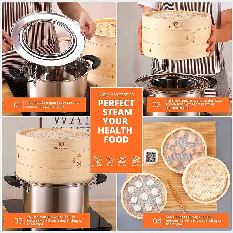 KitchenCrust KITCHEN CRUST Full Set Bamboo Steamer for Authentic Chinese Asian Cuisine - 2 Tier 10-Inch Steam Basket Bun Steamer, Flawless Dumpling Maker, Sauce Dish, 2x Pair Chopsticks, 2x Reusable Liners, Ring - Image 4