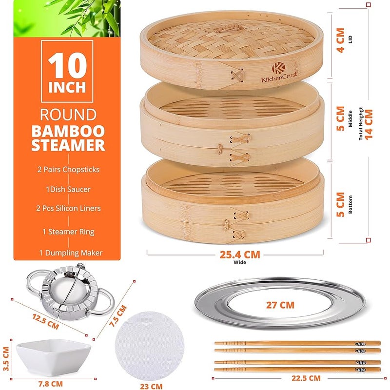 KitchenCrust KITCHEN CRUST Full Set Bamboo Steamer for Authentic Chinese Asian Cuisine - 2 Tier 10-Inch Steam Basket Bun Steamer, Flawless Dumpling Maker, Sauce Dish, 2x Pair Chopsticks, 2x Reusable Liners, Ring - Image 2