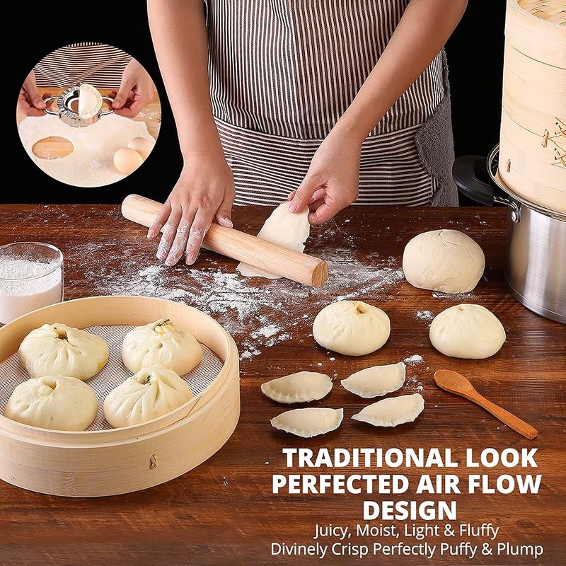 KitchenCrust KITCHEN CRUST Full Set Bamboo Steamer for Authentic Chinese Asian Cuisine - 2 Tier 10-Inch Steam Basket Bun Steamer, Flawless Dumpling Maker, Sauce Dish, 2x Pair Chopsticks, 2x Reusable Liners, Ring - Image 3