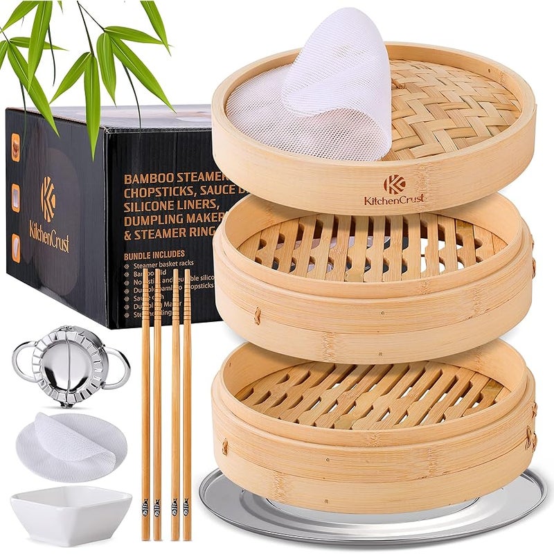 KitchenCrust KITCHEN CRUST Full Set Bamboo Steamer for Authentic Chinese Asian Cuisine - 2 Tier 10-Inch Steam Basket Bun Steamer, Flawless Dumpling Maker, Sauce Dish, 2x Pair Chopsticks, 2x Reusable Liners, Ring - Image 1