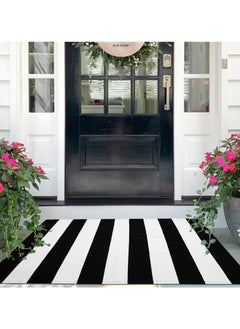 Generic 40*60cm Plain Plaid Floor Mat Home Porch Carpet Festive Atmosphere Decorative Carpet Washable Woven Outdoor Indoor Welcome Mat Suitable for Front Door/Farmhouse/Entrance/Home Entrance Outdoor Carpet (Black and white stripes)  - Image 3