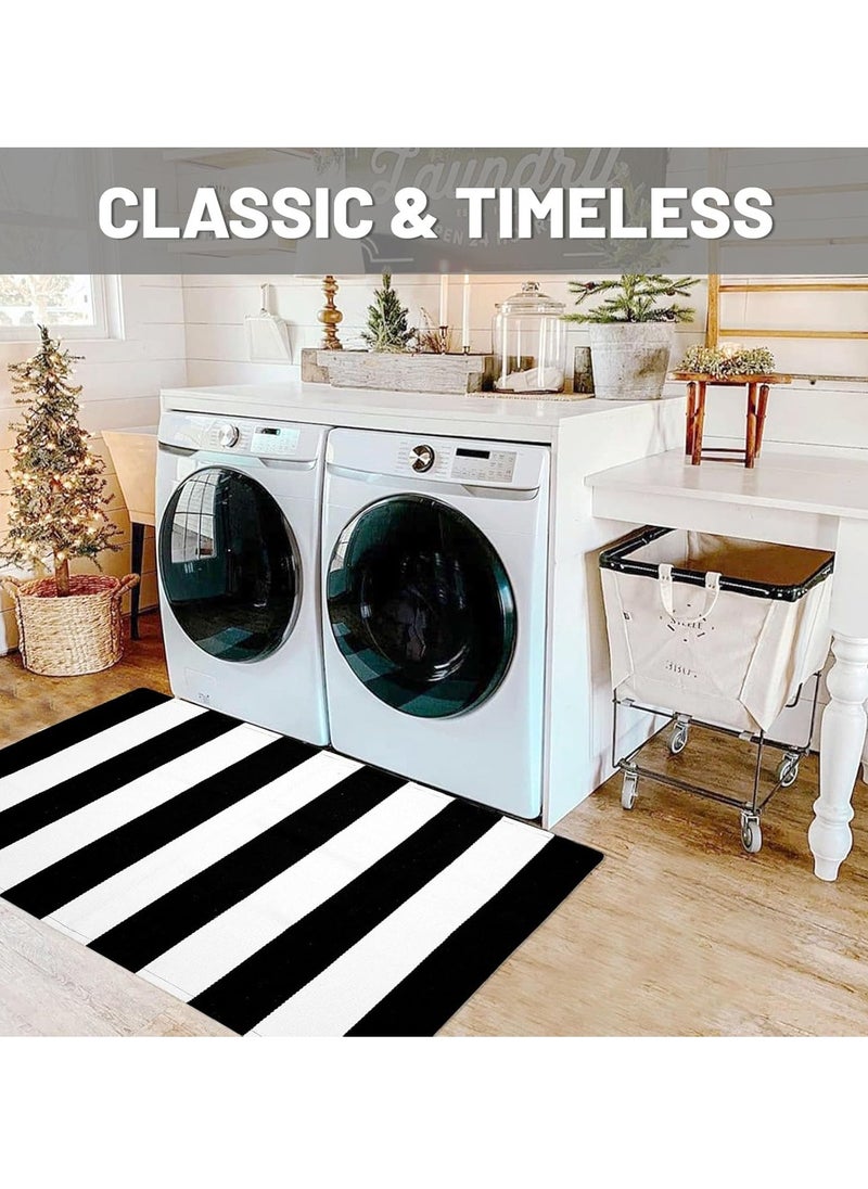 Generic 40*60cm Plain Plaid Floor Mat Home Porch Carpet Festive Atmosphere Decorative Carpet Washable Woven Outdoor Indoor Welcome Mat Suitable for Front Door/Farmhouse/Entrance/Home Entrance Outdoor Carpet (Black and white stripes)  - Image 5