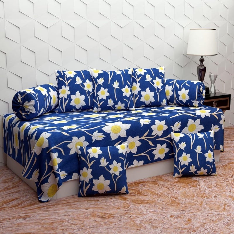 Generic BZ_TYLORSTYLE Polycotton Floral Diwan Set Blue Yellow  - Image 1