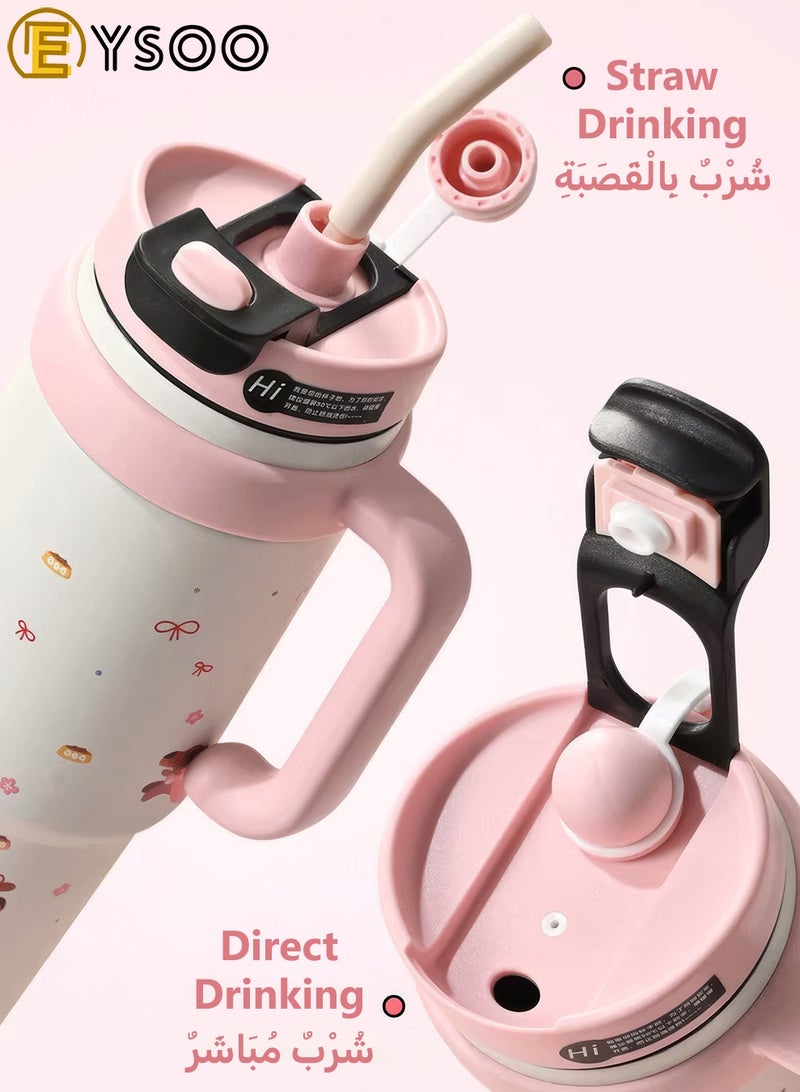 EYSOO Insulated Tumbler 1000ml Stainless Steel Water Bottle Leakproof Keep Hot / Cold Straw Tumbler Vacuum Insulated Water Flask (Pink) - Image 4
