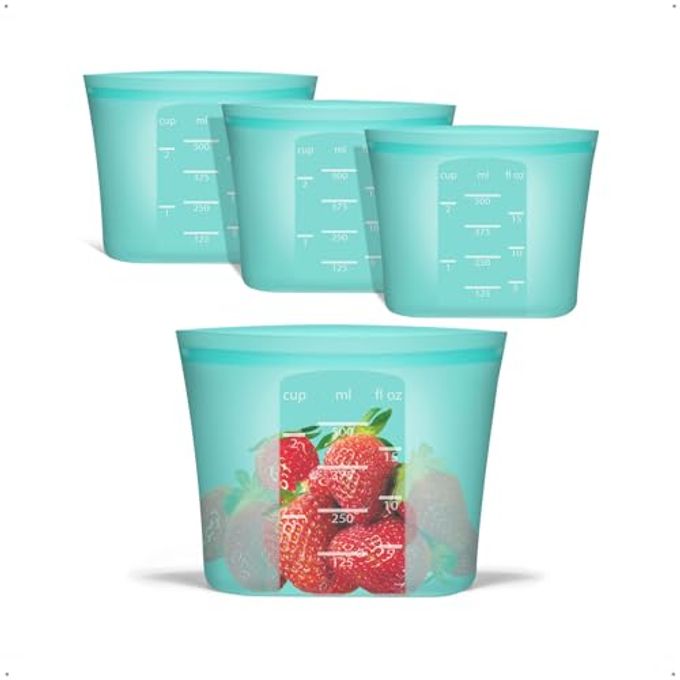 Annaklin Reusable Snack Bags, 4 Pack, Stand Up 100% Silicone Reusable Storage Bag, Ziplock Silicone Food Storage Containers Snack Size, Freezer Microwave Oven Dishwasher Safe, Aqua, 16oz