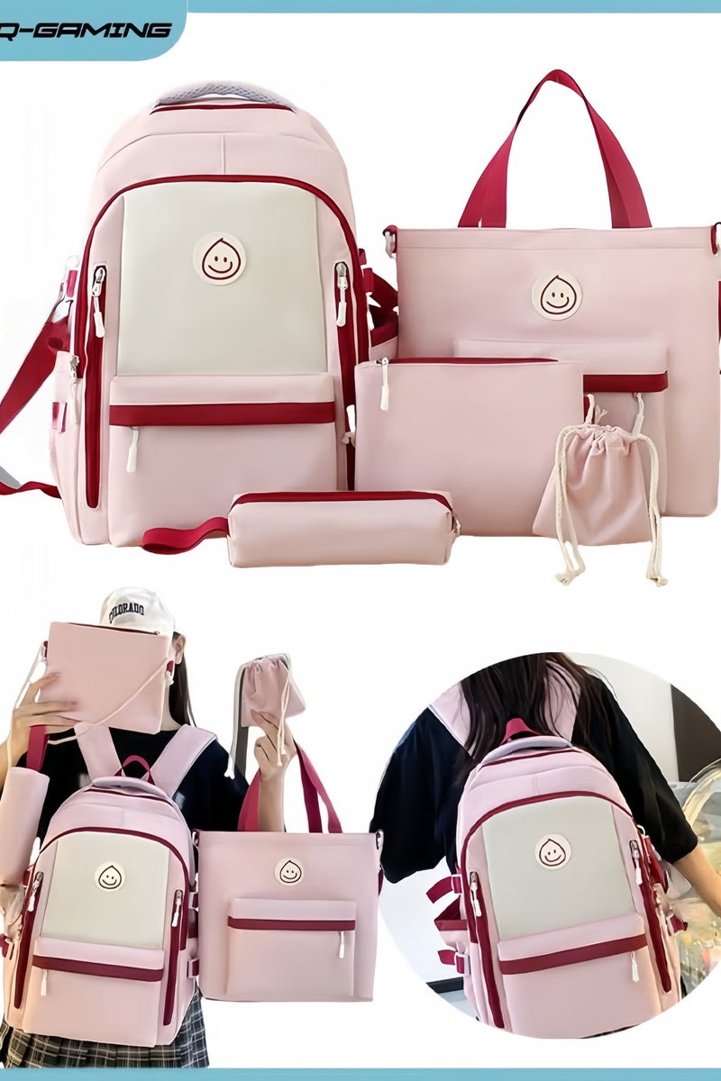HQ-GAMING 5PCS Backpack Set for Girls, Schoolbag with Cute Bear Accessories - School Bookbag, Shoulder Bag, Handbag, Pen Pouch & Small Bag- Perfect for Student Back to School Supplies (Pink)  - Image 1