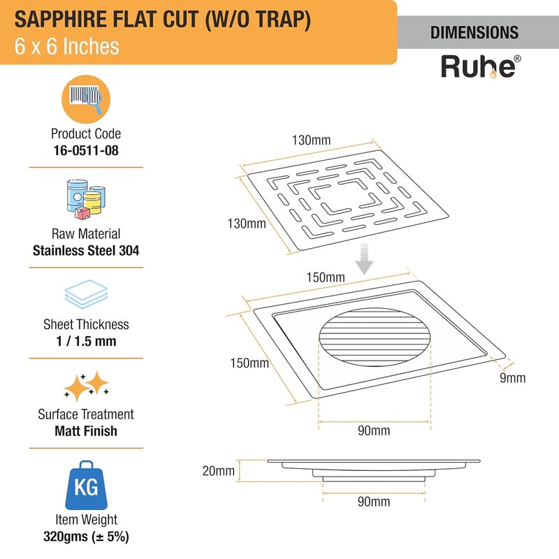 RUHE ® Sapphire Square Flat Cut Floor Drain | 304-Grade Stainless Steel Drain Jali with Matte Finish | 6 x 6 inches | Pack of 1 - Image 2