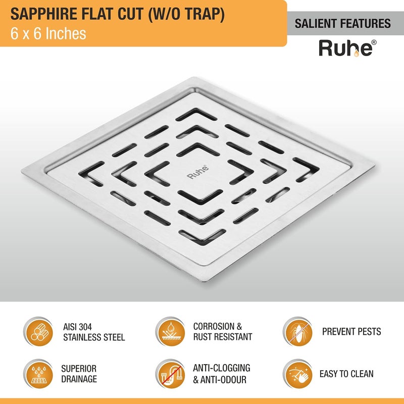 RUHE ® Sapphire Square Flat Cut Floor Drain | 304-Grade Stainless Steel Drain Jali with Matte Finish | 6 x 6 inches | Pack of 1 - Image 3