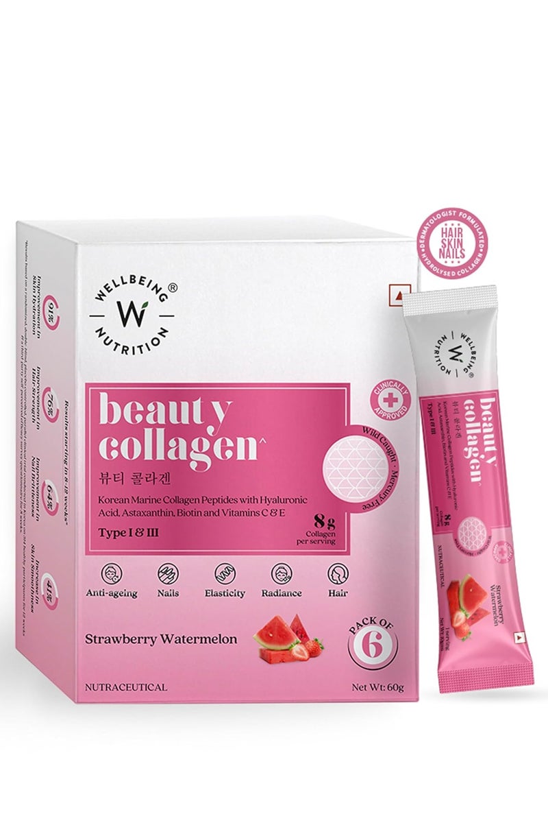Korean Beauty Marine Collagen Skin Radiance Peptides|Biotin, Vitamin C, E,Hyaluronic, Astaxanthin|Clinically Proven Healthy Skin,Hair & Nails|Strawberry Watermelon, 60gms, Powder ( pack of 6)