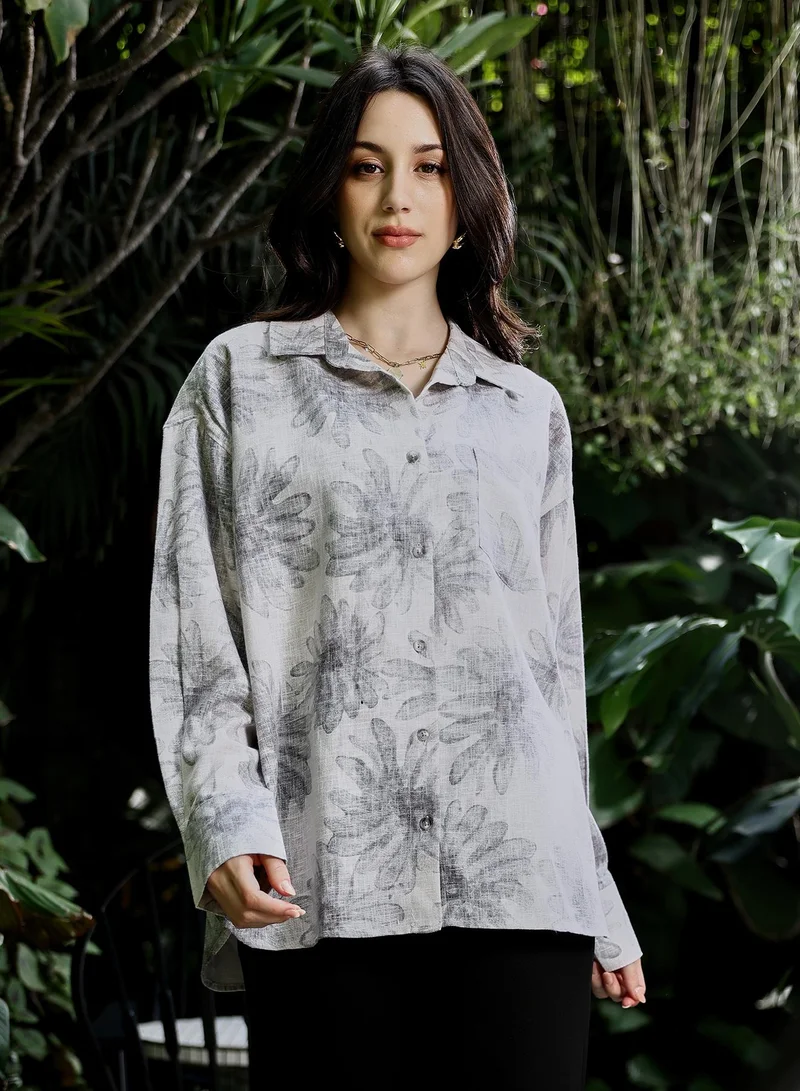 PINACOLADA Women's Gloomy-Daisy Oversized Shirt | Spread Collar , Long Button-Cuff Sleeves, Button Closure | Floral Print Plain Woven Shirt For Casual & Daily Wear | Coin Grey
