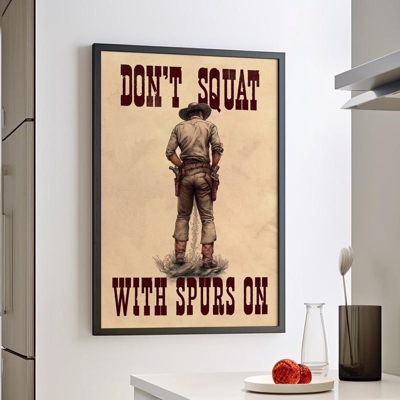 TNESSENTIAL Don't Squat With Spurs On Cowboy Poster or Canvas Print, Funny Western Bathroom Poster, Sarcastic Quote Restroom Print, Humorous Toilet Art - Image 3