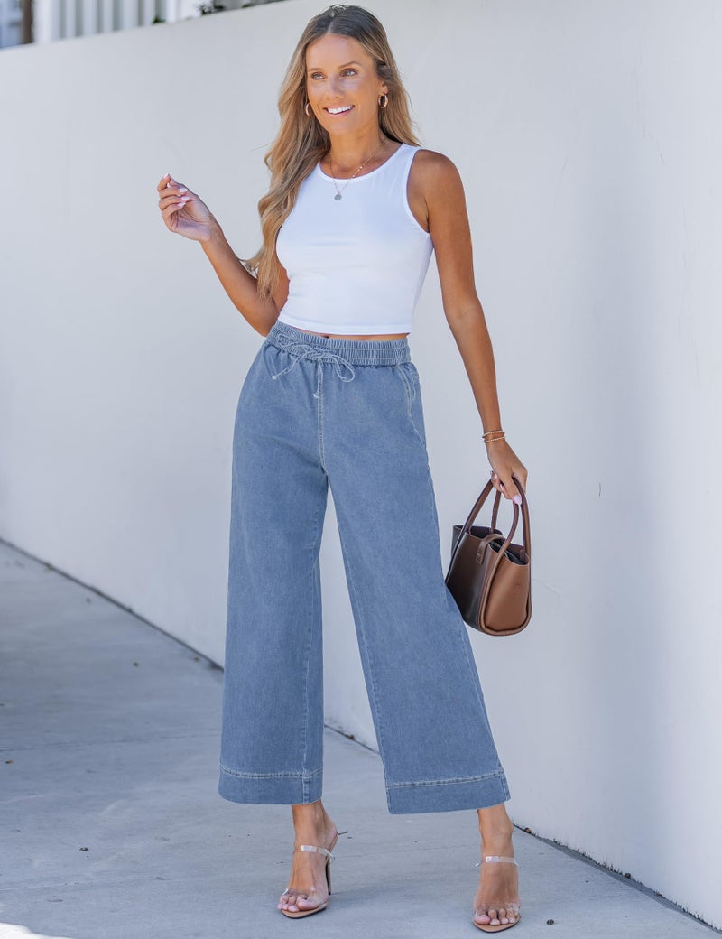 luvamia Elastic Waist Jeans for Women Wide Leg Wide Leg Pants Wide Legged Pants for Women Cody Blue XX-Large Fits Size 20 / Size 22 - Image 3