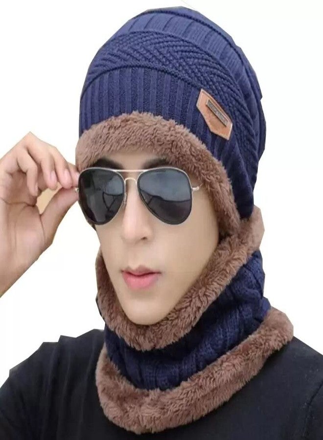 Zonkar Premium Unisex Woolen Winter Beanie Cap with neck set Scarf for Man Women Girl (Blue) - Image 1