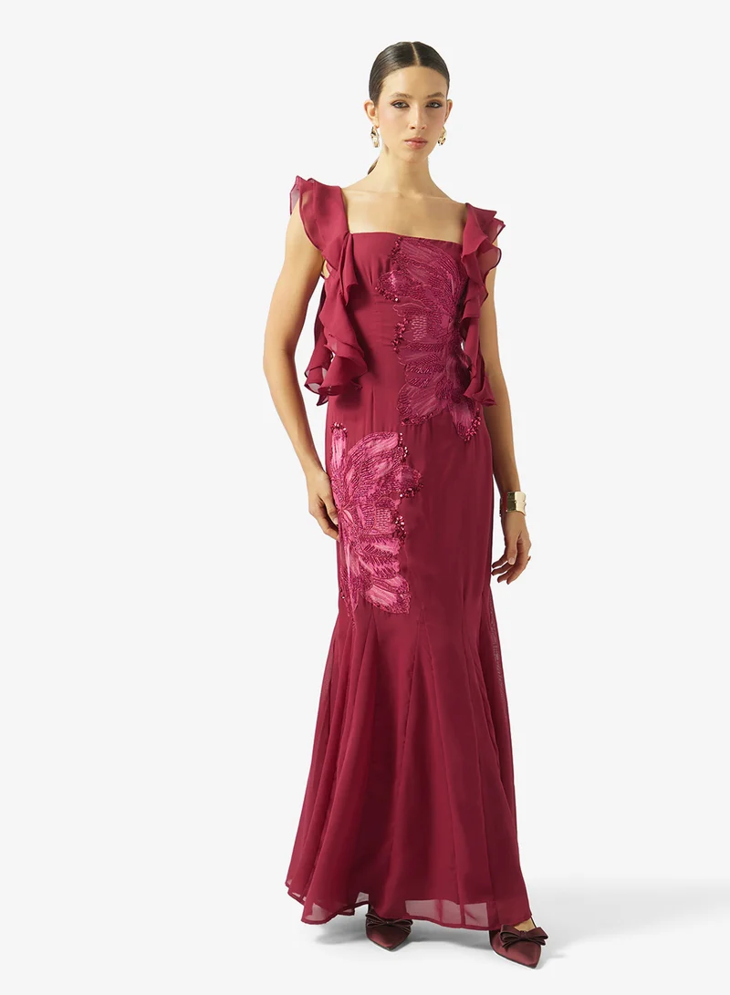 مايا Godets Floral Embroidered Sequin Maxi Dress