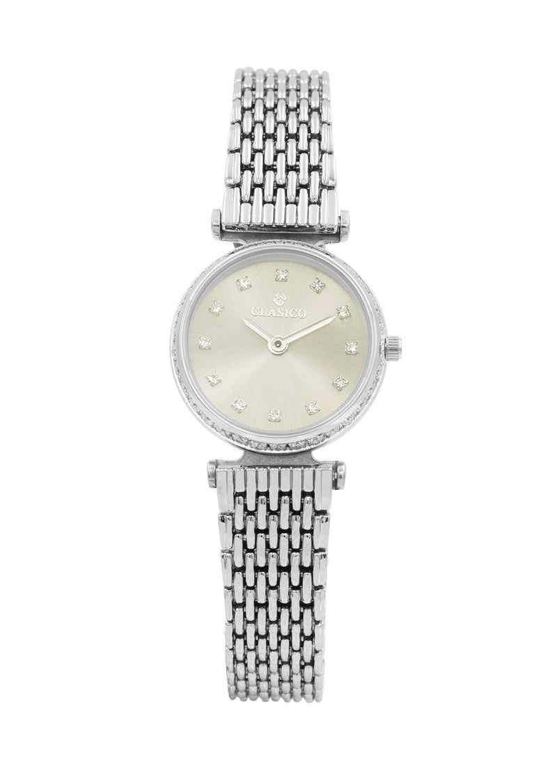 Clasico ساعة معصم نسائية فاخرة من جريس بسوار شبكي فضي 30 مم - قرص من أم اللؤلؤ مع علامات كريستالية، حركة كوارتز - Image 1