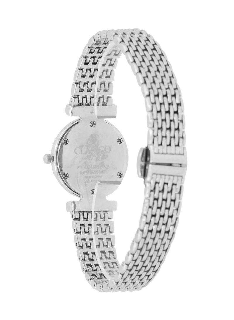 Clasico ساعة معصم نسائية فاخرة من جريس بسوار شبكي فضي 30 مم - قرص من أم اللؤلؤ مع علامات كريستالية، حركة كوارتز - Image 4