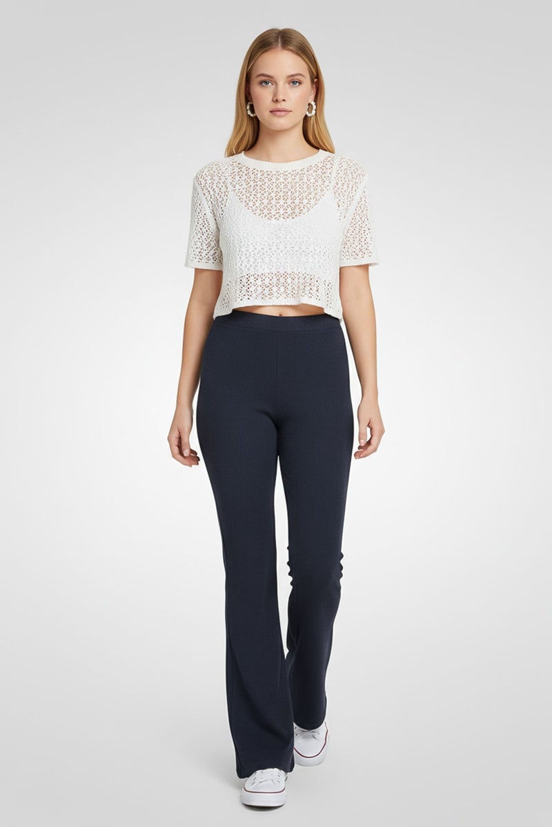 MONKI Women Regular Fit Ribbed Flare Leg Pants, Washed Navy - Image 2
