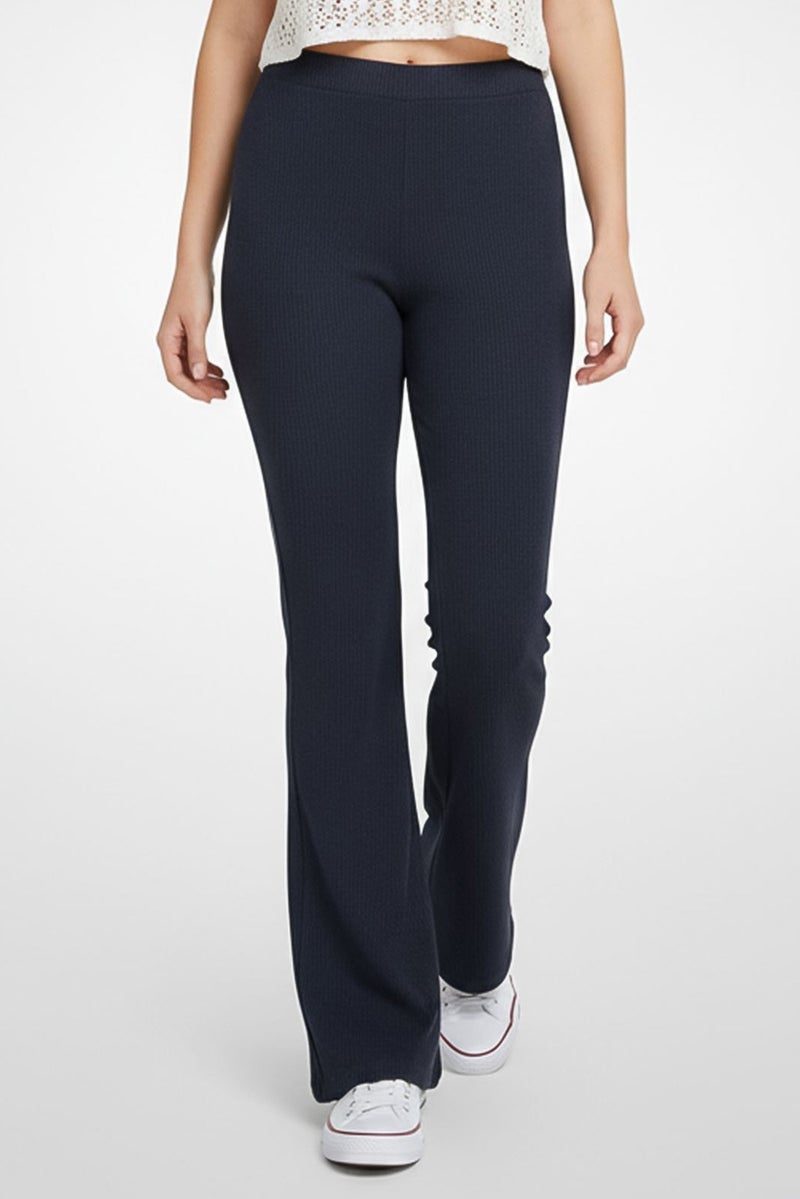 MONKI Women Regular Fit Ribbed Flare Leg Pants, Washed Navy - Image 1