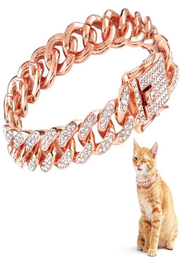 Amabro Diamond Cat Chain Collar, Metal Cuban Link Dog Collar with Secure Buckle Cat Pet Necklace Chain Pet Collar Jewelry Accessories for Small Medium Dogs Cats Puppy Kittens (Rose Gold, 10 inch) - Image 1