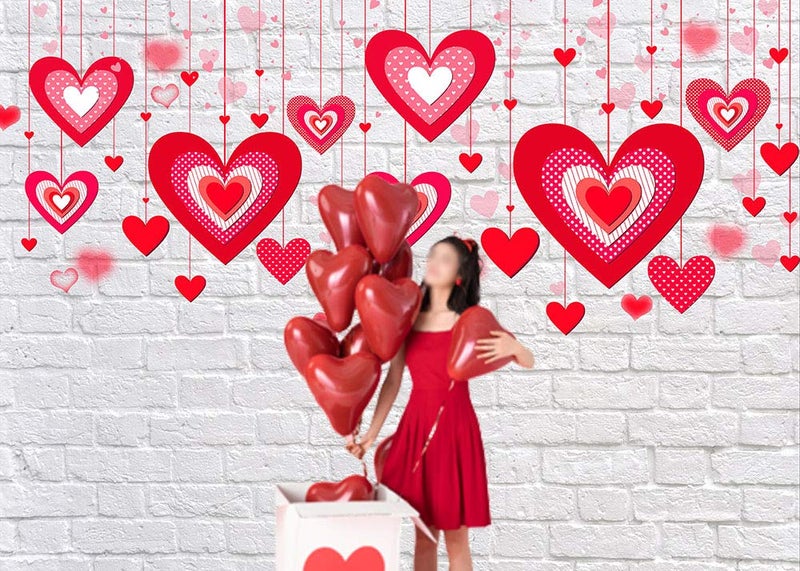 XLL White Brick Wall Party Photography Backdrops 5x3ft Bokeh Red Heart Valentine's Day Photo Background Wedding Bridal Shower Supplies Girl Studio Photo Booths Portraits Props Vinyl - Image 3