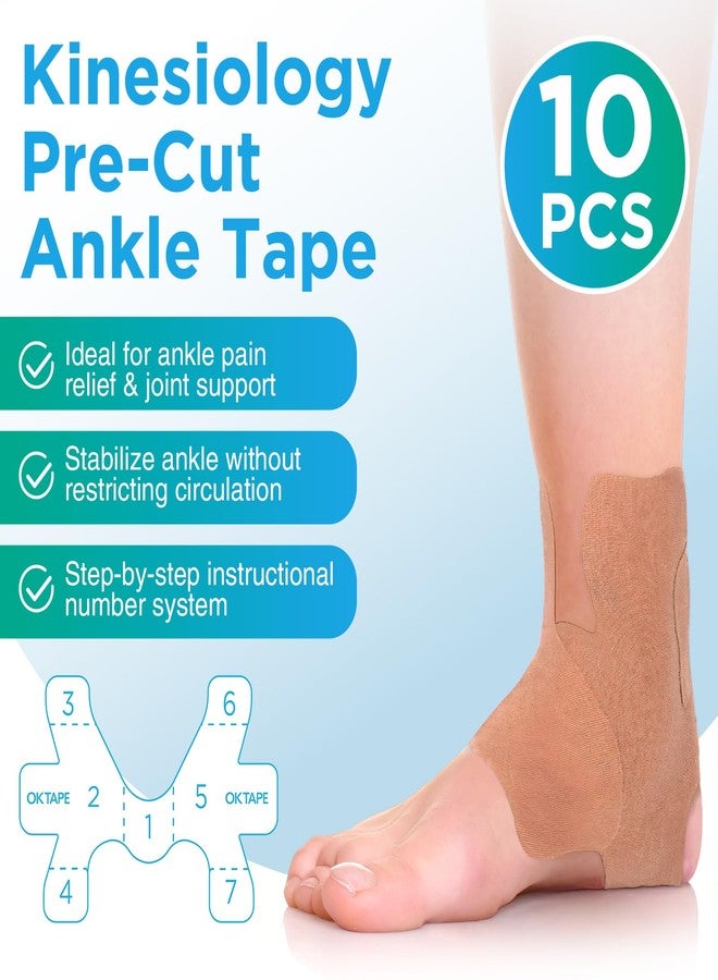 اوك تيب شريط كاحل Kinesiology مسبق القطع من OK TAPE، 10 قطع، لتخفيف الألم، ومنع التواء الكاحل، وتوفير الدعم لرباط الكاحل، وشريط رياضي مرن، وشريط K قابل للتهوية للاستخدام اليومي - بيج - Image 2