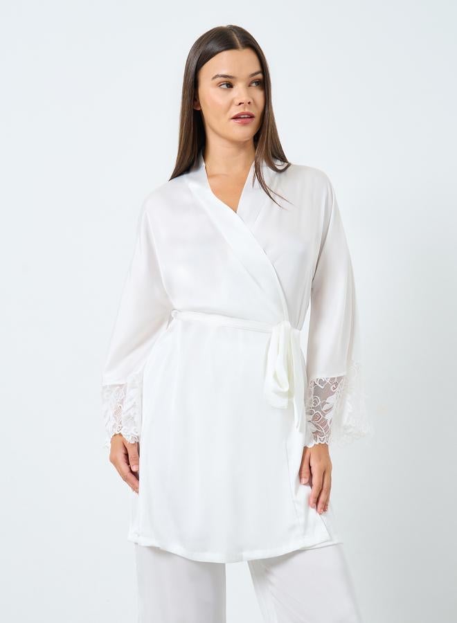Styli Lace Detail Longline Tie Robe and Pyjama Set - Image 2