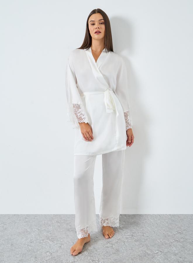 Styli Lace Detail Longline Tie Robe and Pyjama Set - Image 1