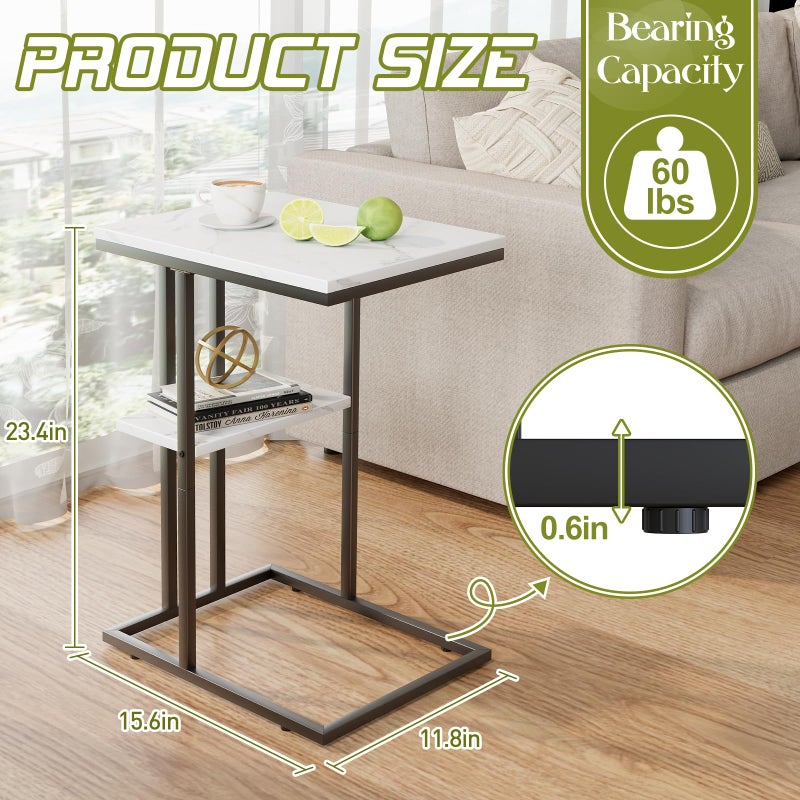 Katrawu C Shaped End Side Table, Couch Sofa Table for Small Space, Black Snack Table with Metal Frame, TV Tray Table for Bed, Living Room, Bedroom, Bedside(White Marble) - Image 2
