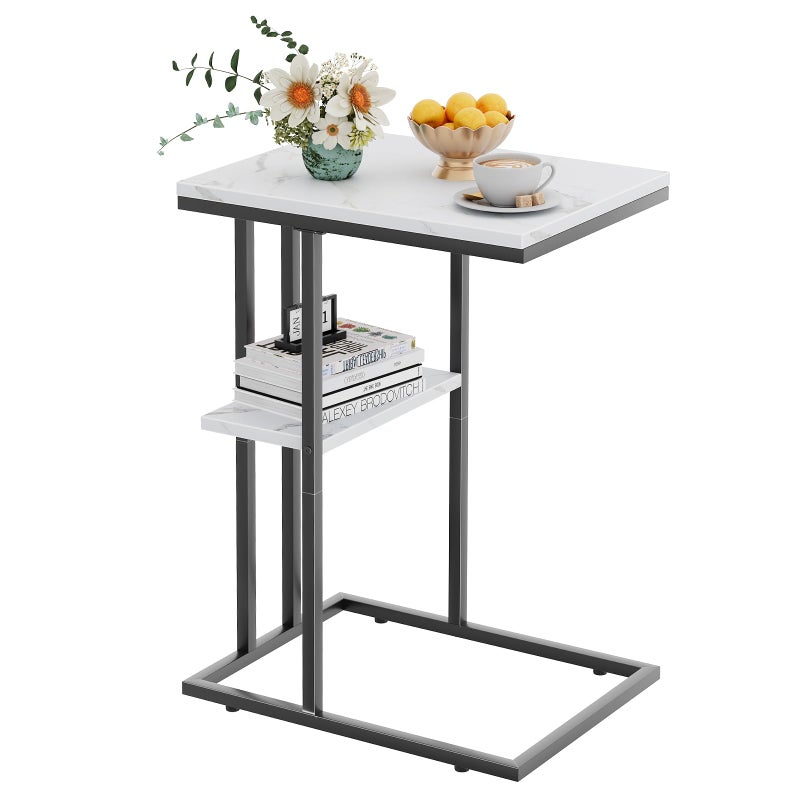 Katrawu C Shaped End Side Table, Couch Sofa Table for Small Space, Black Snack Table with Metal Frame, TV Tray Table for Bed, Living Room, Bedroom, Bedside(White Marble) - Image 1