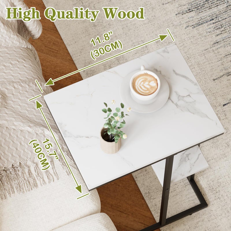 Katrawu C Shaped End Side Table, Couch Sofa Table for Small Space, Black Snack Table with Metal Frame, TV Tray Table for Bed, Living Room, Bedroom, Bedside(White Marble) - Image 3